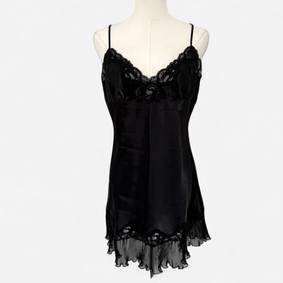 VTG Y2K Frederick's of Hollywood Black Satin Floral Lace Trimmed Mini Slip Dress - Picture 4 of 8